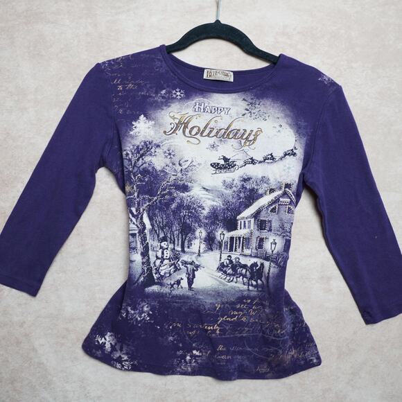 Canyon River Blues Tops - Blue Canyon Happy Holidays Graphic Tee Purple S Y2K